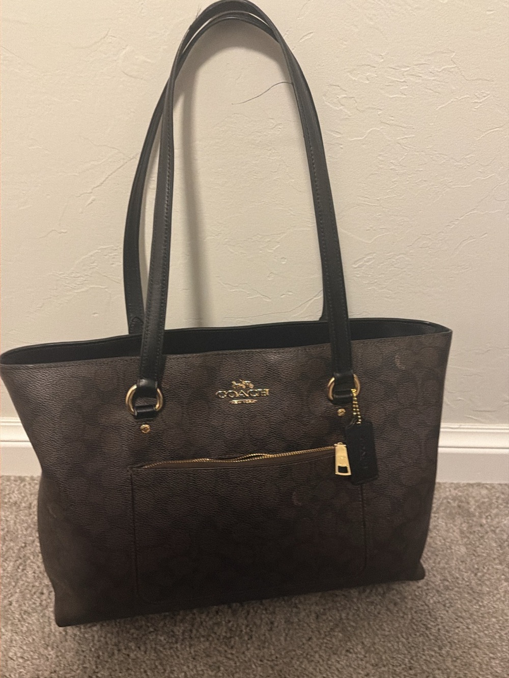 Coach Dark Brown Signature Tote with Black Straps